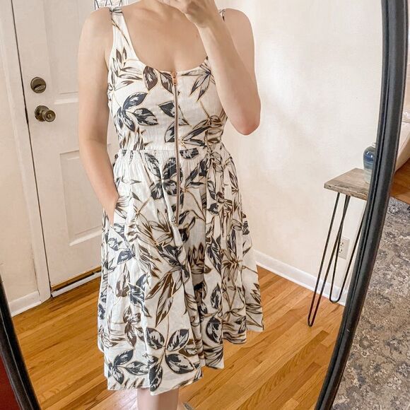 J Crew Zip Front Linen Dress Gold Foil Leaf 4 - Picture 1 of 10
